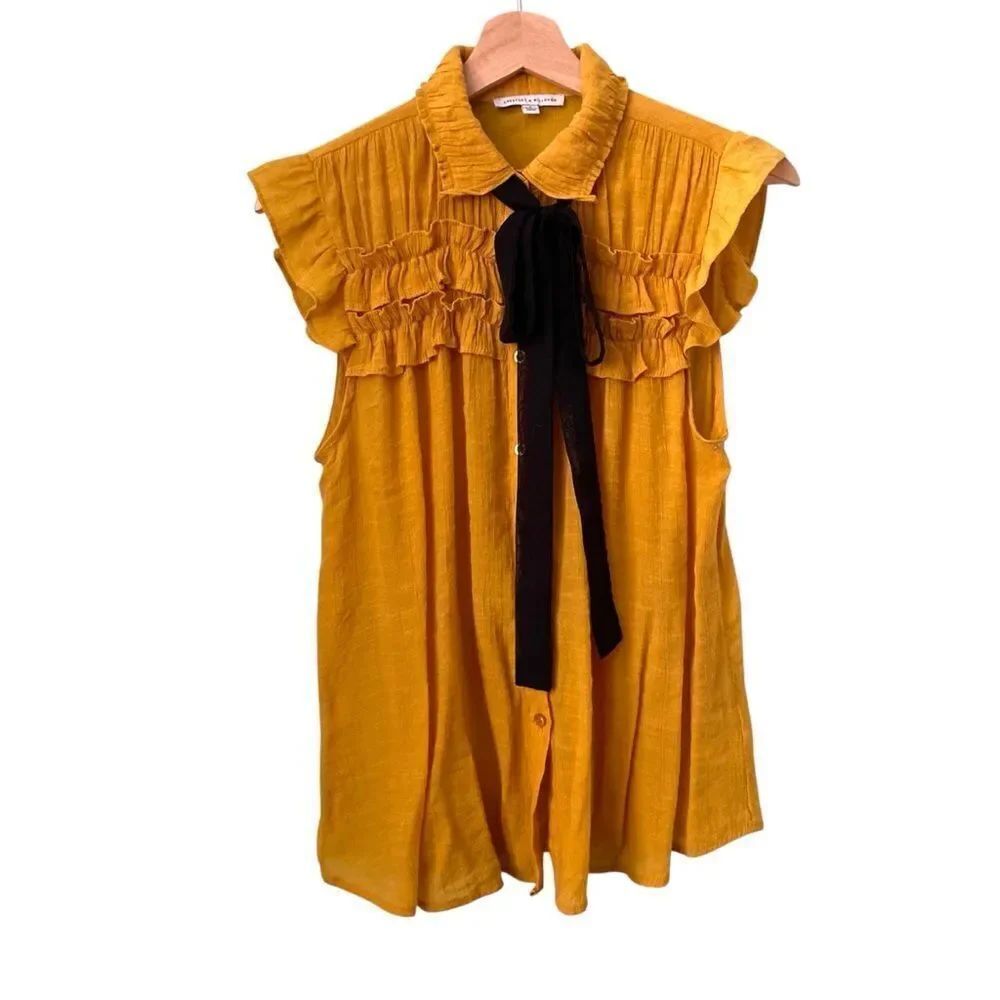 Crescent & Willough Mustard Yellow Ruffled Sleeveless Top with Black Bow in L